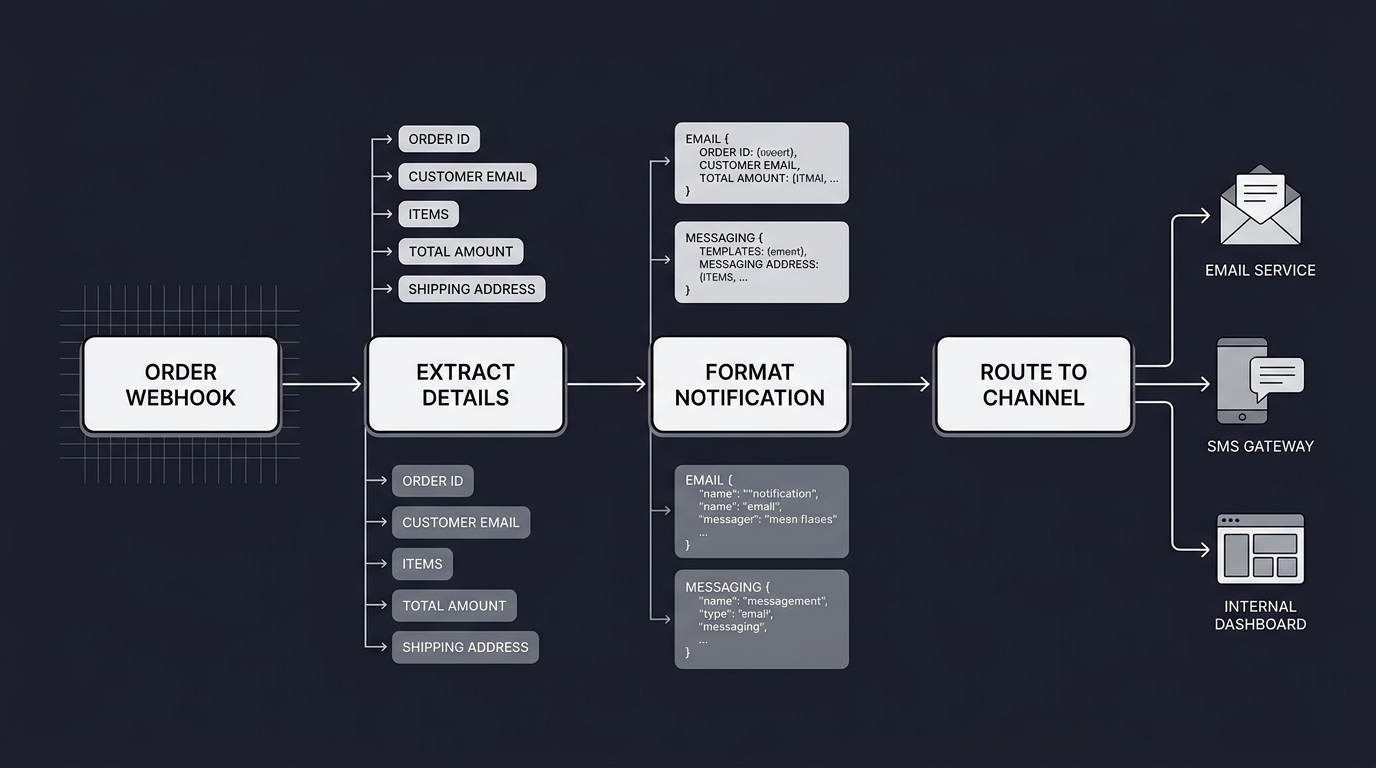 E-commerce order processing pipeline from webhook to notification