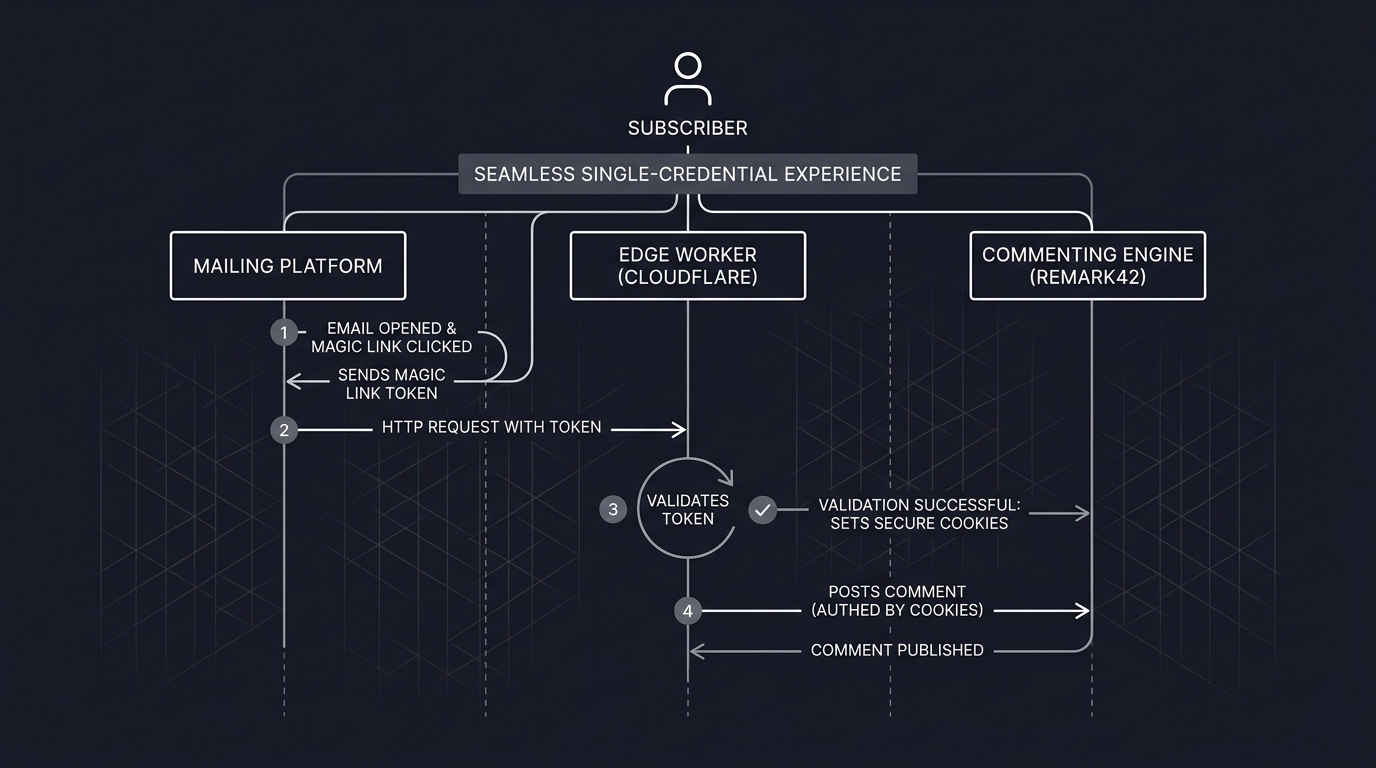 Subscriber-integrated magic link authentication flow across three systems