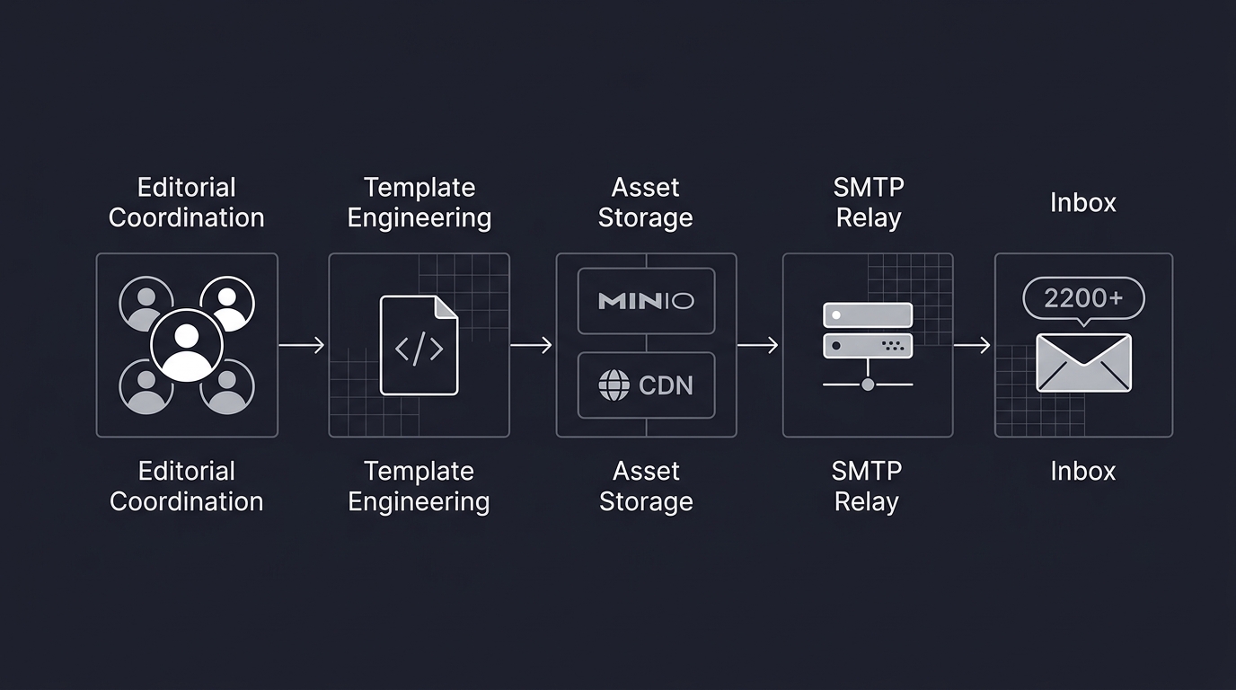 End-to-end newsletter production pipeline from editorial to inbox
