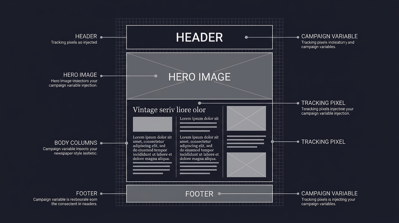 Email template engineering with vintage newspaper aesthetic wireframe