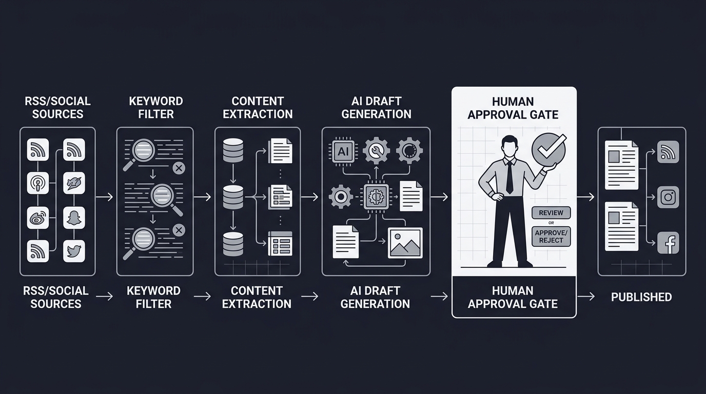 AI content monitoring pipeline with human-in-the-loop editorial review