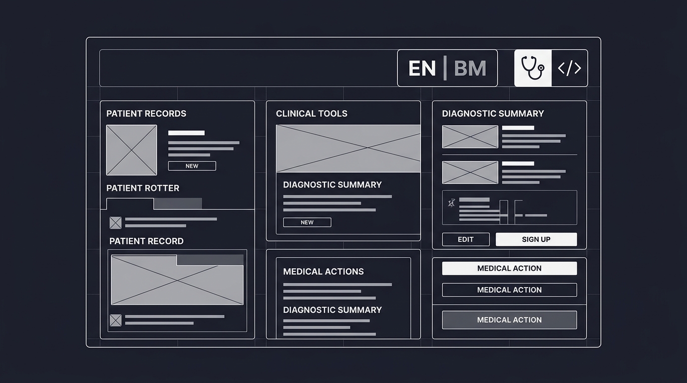 Bilingual clinical platform wireframe with neobrutalism design elements