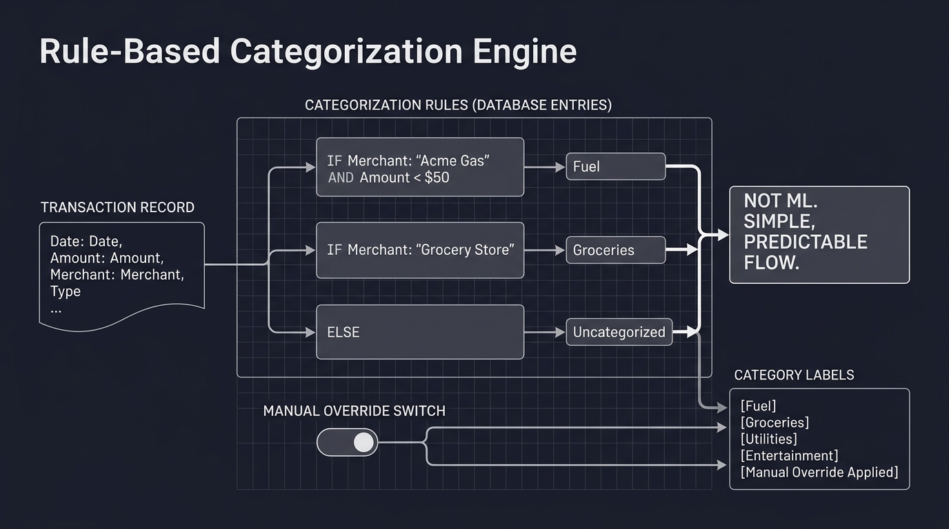 Rule-based transaction categorization engine with manual override
