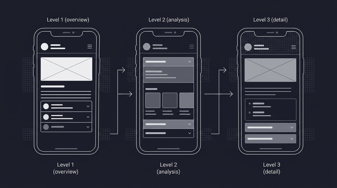 Progressive disclosure UX concept on mobile showing drill-down navigation