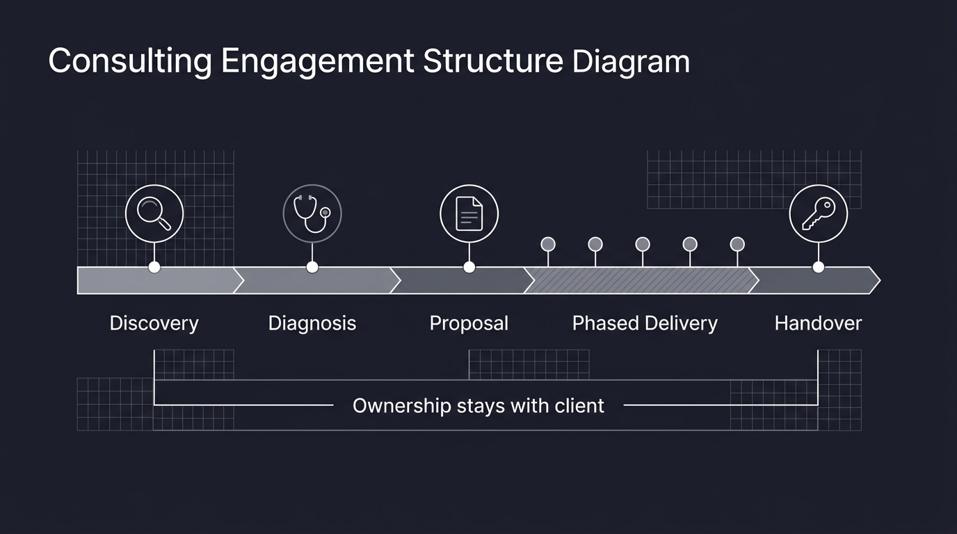 Discovery-first consulting engagement structure from diagnosis to handover