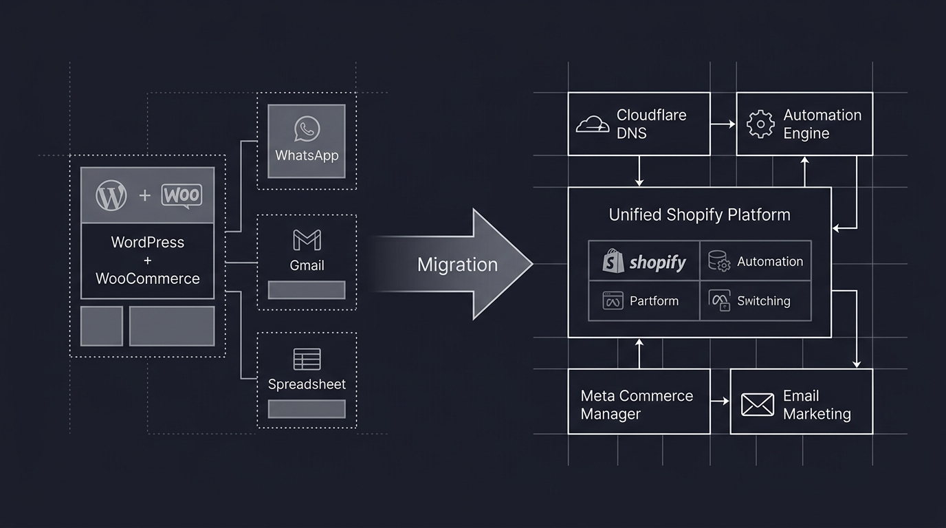 Platform migration from fragmented WordPress stack to unified Shopify ecosystem