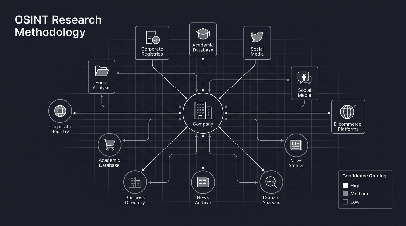 OSINT research methodology with 15-plus data sources and confidence grading