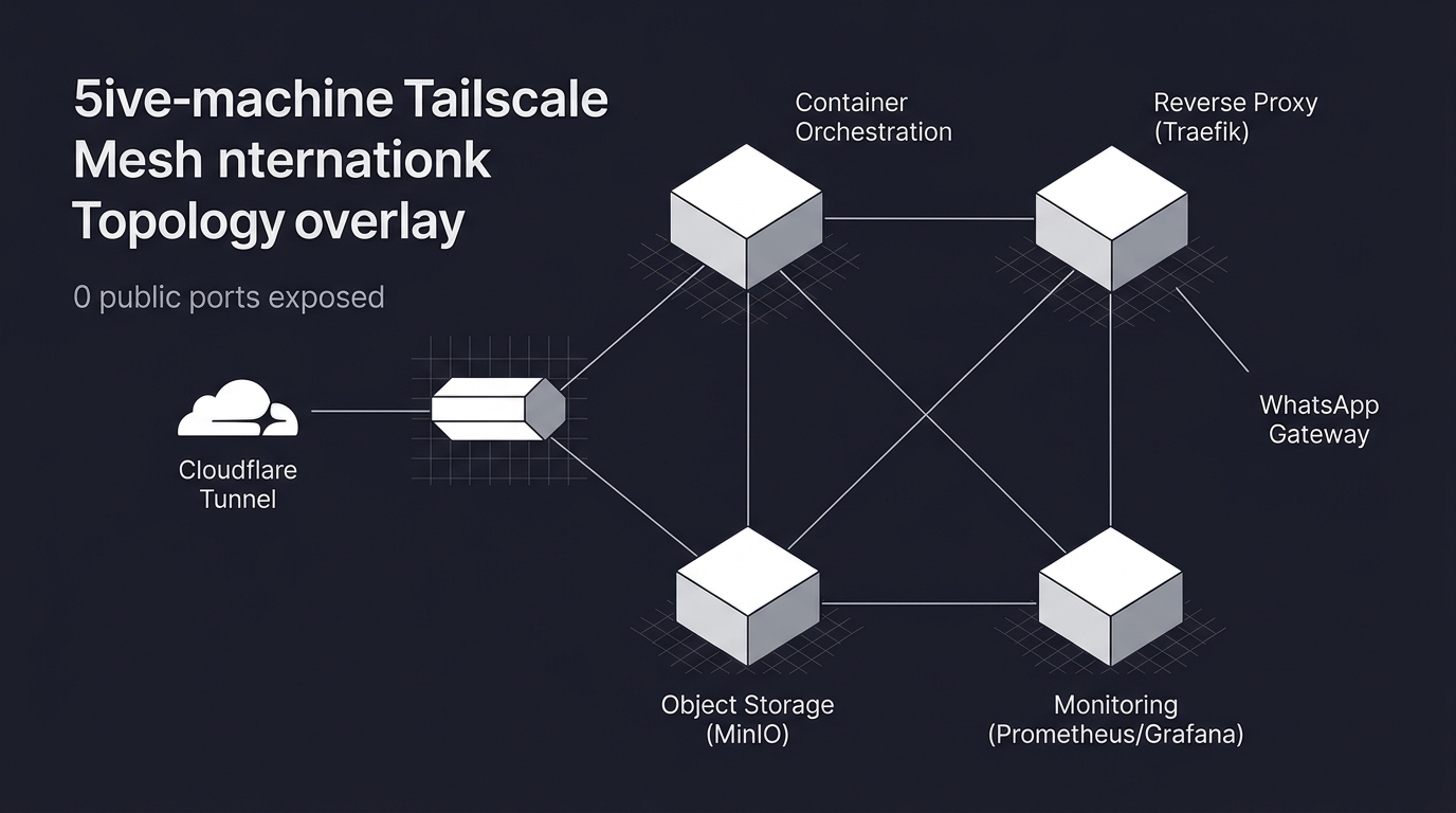 Five-machine Tailscale mesh network topology with service roles